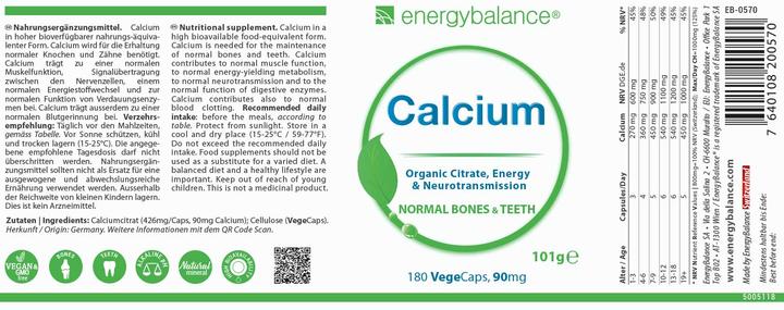 Nährwerte und Zutaten Energybalance Calcium Citrat (180 Stück, Kapseln, 101 g)