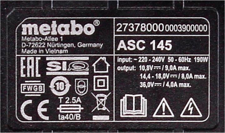 Immagine prodotto Metabo Set base batteria 18V con 1x batteria LiHD 8.0Ah ( 625369000 ) + caricatore ASC 145 ( 627378000 ) (18 V)