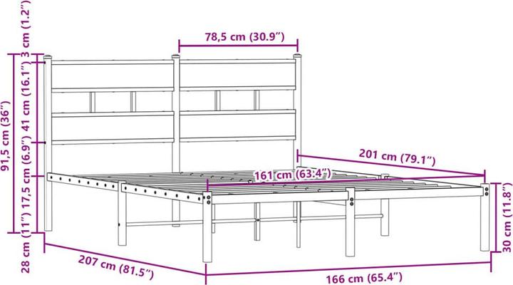 Produktbild VidaXL Bettgestell mit Kopfteil Metallbett Bett Doppelbett Braun Eiche 180x200cm (180 x 200 cm)