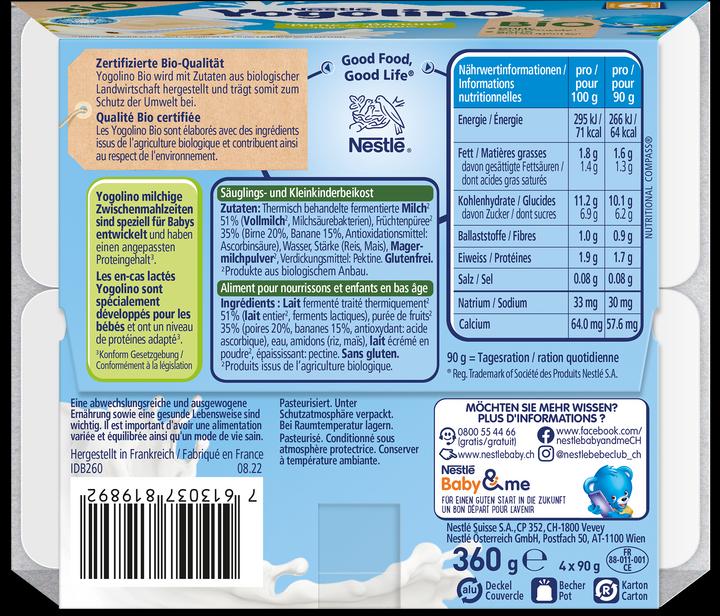Valeurs nutritives et ingrédients Yogolino Bio Pear & Banana - Après 6 mois (393 g)