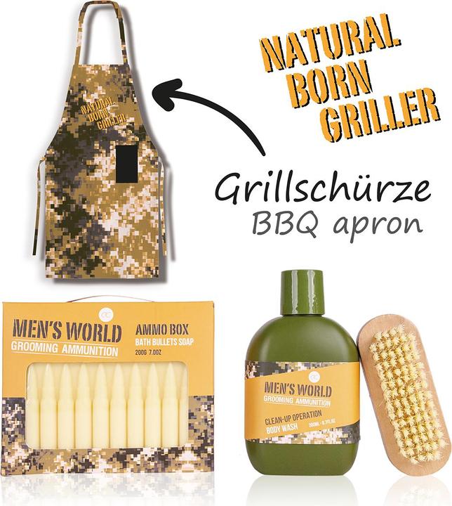 Produktbild Accentra Badeset MEN'S WORLD in Geschenkbox, inkl. 200ml Body Wash, 200g Seife in Munitionform, Holz-Nagelbür (Körperpflegeset)