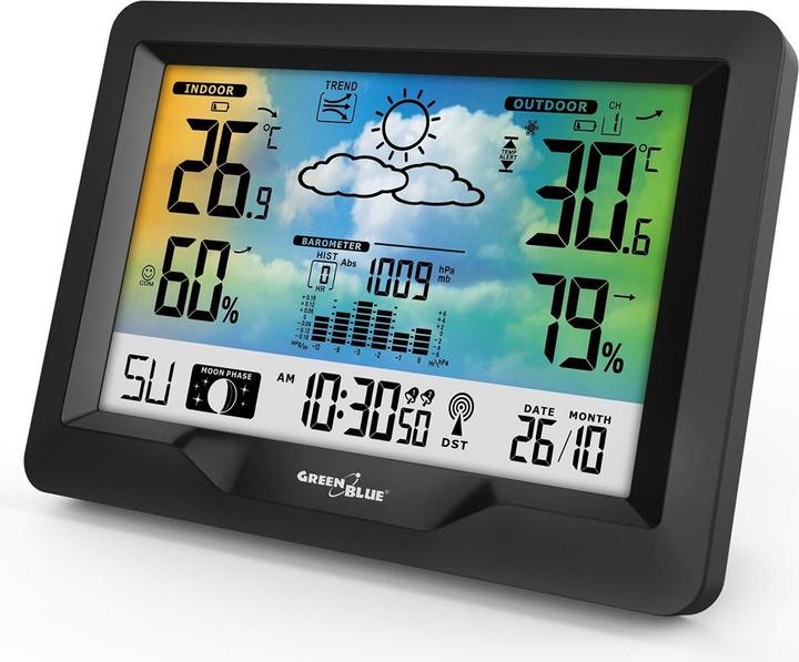 Greenblue Radio weather station colour with DCF moon phases barometer calendar power supply GB540N