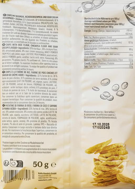 Image du produit KoRo Chips à la farine de riz, à la farine de pois chiches et au goût de crème aigre (700 g)