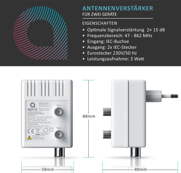 Actual product image Aplic DVB-T2 antenna amplifier, cable TV, radio antenna amplifier, 2x 15 dB signal amplification (Amplifier)