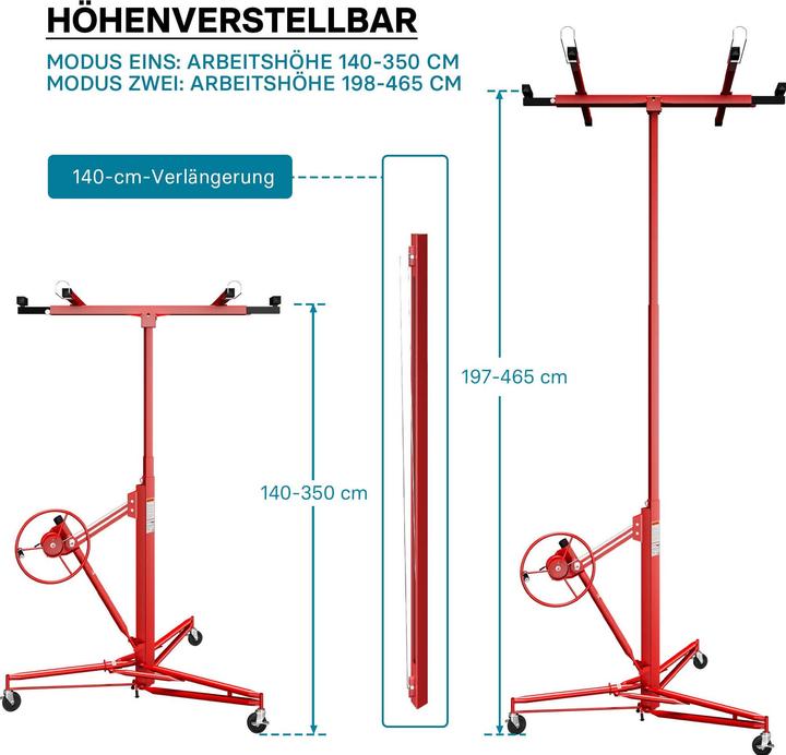 Produktbild Wiltec Plattenheber XXL Set 350 cm + 140 cm Paneelheber Montagehilfe Verlängerung 68 kg