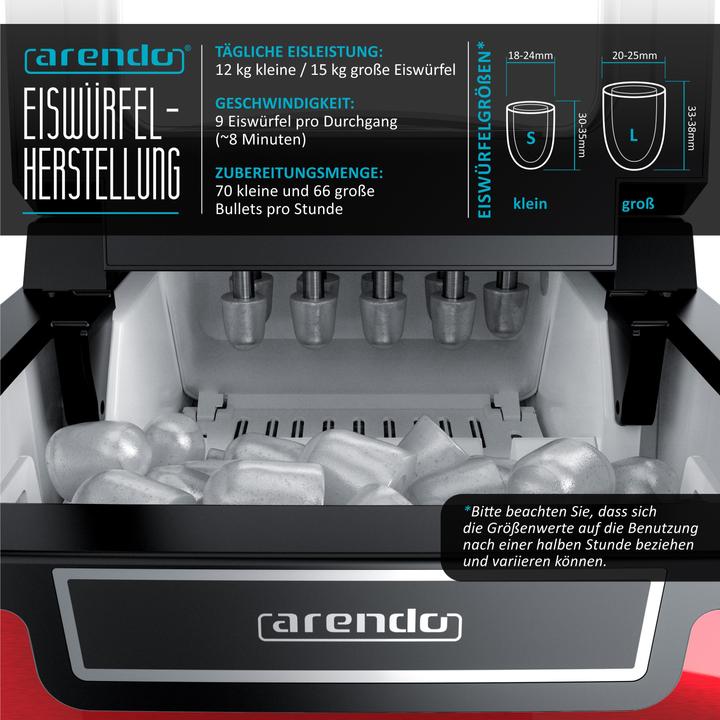 Actual product image Arendo Ice cube machine, 1.8 litre ice cube maker, 9 ice cubes in 8 minutes, 105W ice cube maker, red