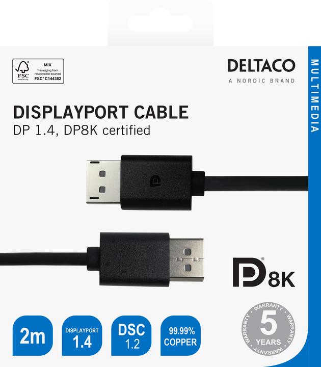 Produktbild Deltaco DisplayPort kabelis 8K, DP 1.4,, juodas / DP8K-1020-K / 00110015 (2 m, DisplayPort)