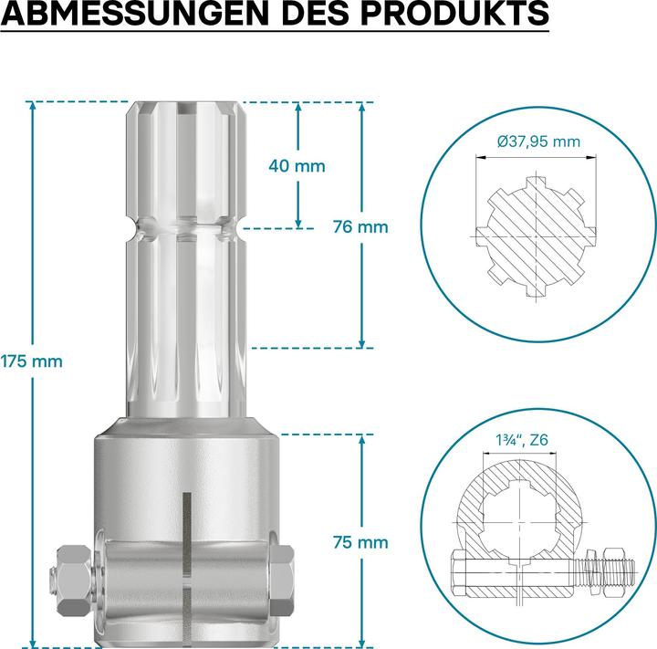 Produktbild Wiltec Zapfwelle 175mm Buchse Keilwellenaufnahme 1 3/4" Z6 für Ausgangswelle 8-32x38x6 (Traktorzubehör)