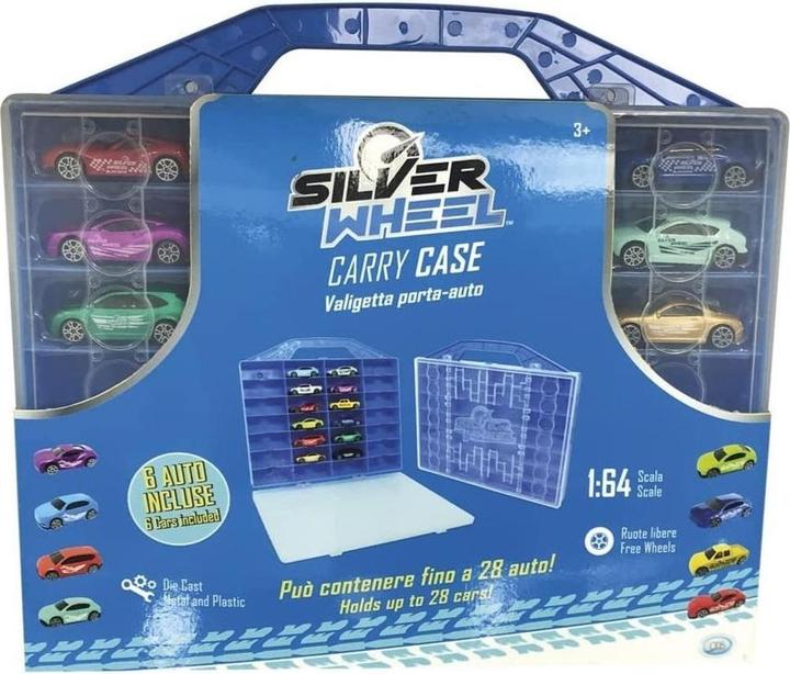 Productafbeelding ODS Silver Wheel - Cars Koffer meet 33*30*4 cm met 6 gegoten auto's en er passen 28 scooters in. 1:6