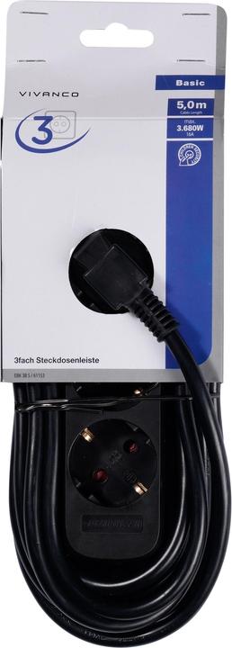 Produktbild Vivanco 61153 Steckdosenleiste ohne Schalter 3fach Schwarz Schutzkontakt 1 St. (3 x, CEE 7/3, 5 m)