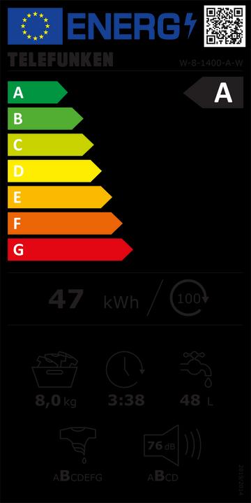 Label énergétique Telefunken W-8-1400-A-W, lave-linge, EEK A, 8kg (8 kg)