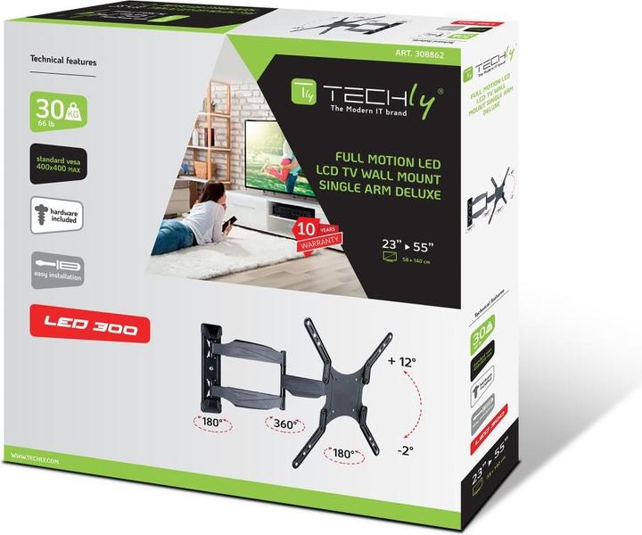 Image du produit Techly Kit de fixation (fourche d'interface, 3 articulations, support mural à bras pivotant) - pour (Mur, 55", 30 kg)