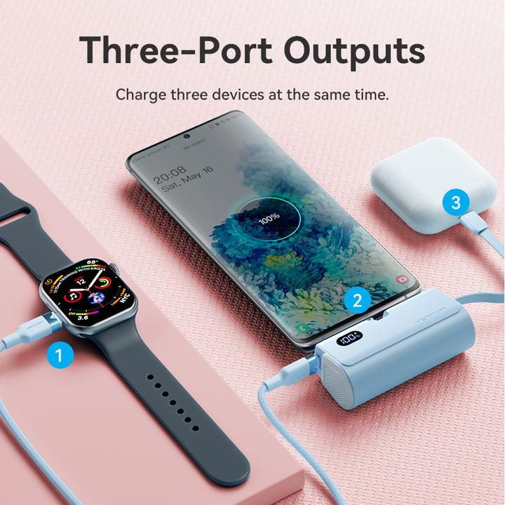 Actual product image Vention LED Display 4800mAh Power Bank (USB-C + Lightning + USB-C) 22.5W Blue Foldable USB-C Type (4800 mAh, 22.50 W, 22.50 Wh)