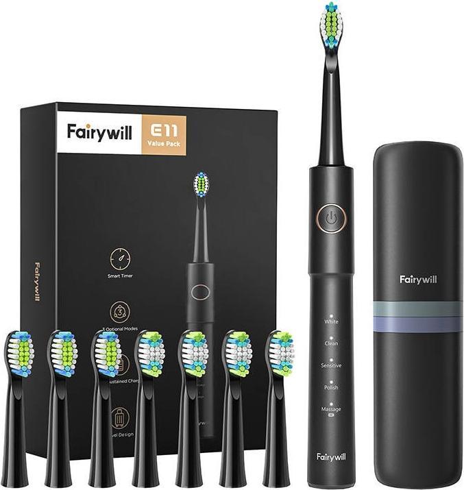 Image du produit Fairywill Brosse à dents Sonic avec tête et étui FW-E11 (noir) (Brosse à dents sonique)
