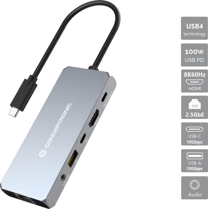 Actual product image Conceptronic Dock USB-C->HDMI,2.5GbE,USBC/3.0,100WPD0.18m gr (USB-C, 1 Ports)