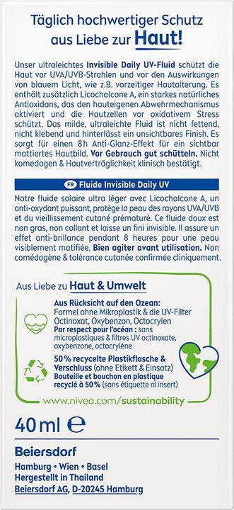 Image du produit NIVEA UV Face Fluide invisible quotidien SPF 50 (Crème solaire, SPF 50+, 40 ml, 70 g)