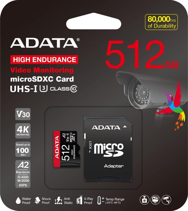 Image du produit Adata High Endurance 512 Go microSDXC (UHS-I U3, Class 10, V30, A2) (512 Go, microSDXC, U3, UHS-I)