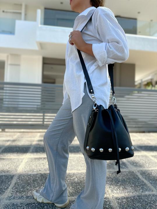 Actual product image Only-Bags.Store Black Leather Bucket Bag, Studded Leather Bag, Shoulder Bag, Crossbody Bag, Full Grain Leather