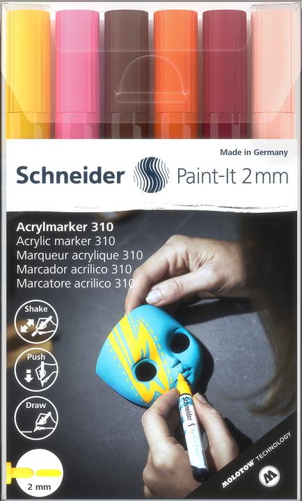 Produktbild Schneider Paint-It Acrylstifte (Set 3 mit 2 mm Rundspitze, hochdeckende Acrylfarben für Holz, Leinwa (Pink, Gelb, Braun, Apricot, Burgundrot, Orange, 2 mm, 6 x)