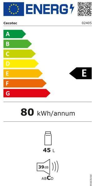 Label énergétique Cecotec Frigorfico Bolero Cool- Market TT Origin 45 Red E (45 l)