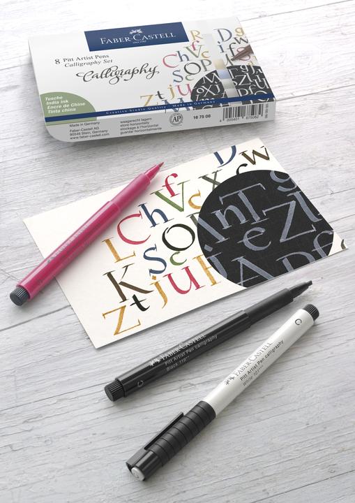 Image du produit Faber-Castell Feutres à l'encre de Chine Pitt Artist Pen Calligraphy 8 couleurs (Bleu, Noir, Marron, Vert, Blanc, Jaune, Rose, 8 x)