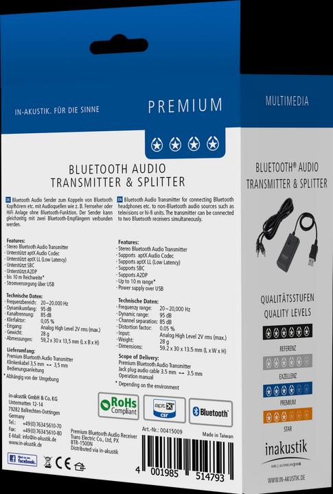 Immagine prodotto Inakustik Trasmettitore audio Bluetooth e splitter (Emittenti)