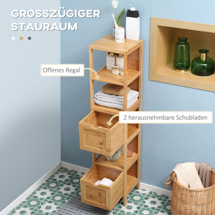 Immagine prodotto Swisshandel24 Mobile da bagno in bambù, 3 ripiani, 2 cassetti, protezione antiribaltamento (30 x 30 x 140 cm)
