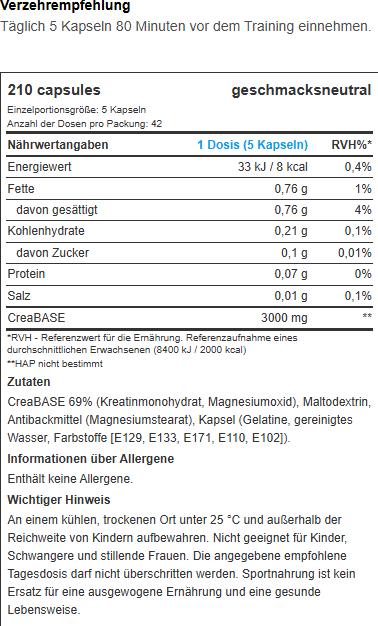 Valori nutrizionali e ingredienti Biotech USA BioTech Creatina PH-X 210 capsule (210 Pezzo/i, Pillole)