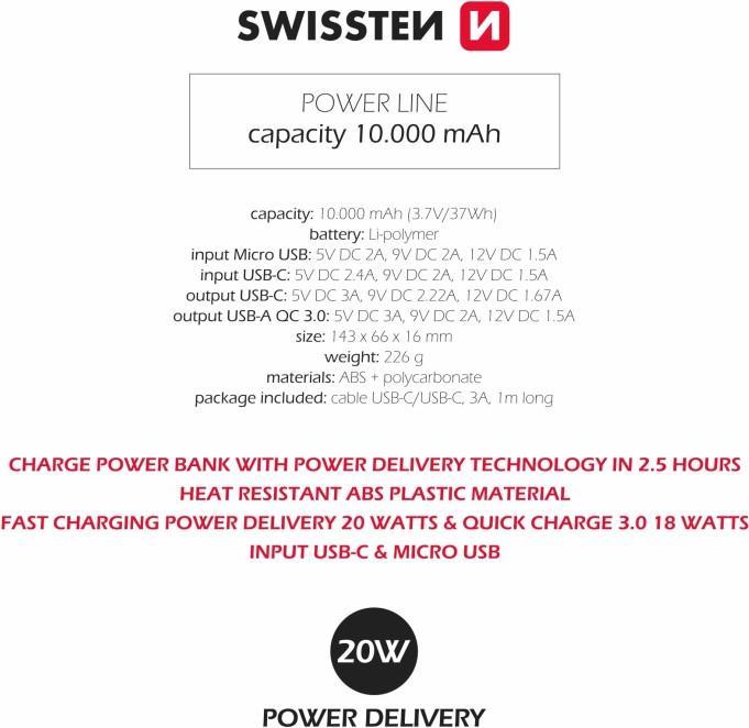 Actual product image Swissten Power Line (10000 mAh, 20 W, 37 Wh)