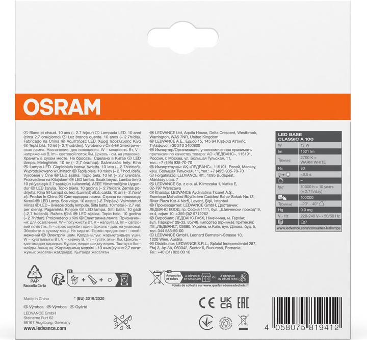 Immagine prodotto Osram Base Led Classic A (E27, 14 W, 1521 lm, 3 x, F)