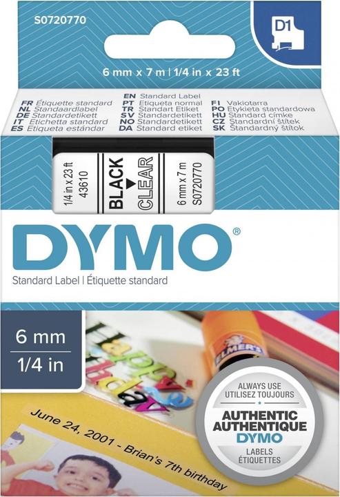 Produktbild Dymo D1 Schriftband 43610 6mmx7.0m schwarz->transp. (0.60 cm, Transparent, Schwarz)