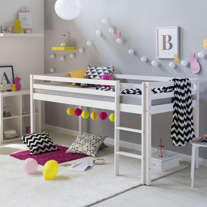 Produktbild Floki24 Hochbett Spielbett Kinderbett mit Lattenrost Leiter Holz Massiv, weiss - 90x200 cm (90 x 200 cm)
