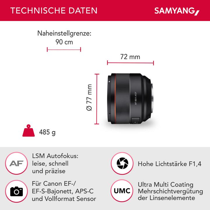 Produktbild Samyang AF 85mm f/1.4, Canon EF (Canon EF, Canon EF-S, APS-C / DX, Vollformat)