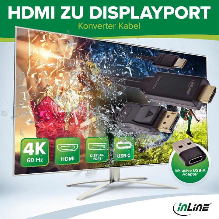 Image du produit InLine Câble de conversion HDMI vers DisplayPort, 4K/60Hz, noir, 1m (1.50 m)
