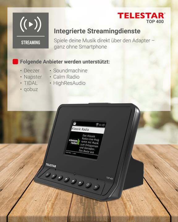 Actual product image Telestar TOP 400 DAB+ Internetradio-Adapter schwarz (Web radio, DAB+, FM, Bluetooth, Wi-Fi)