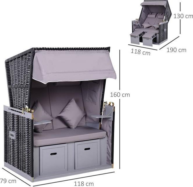Image du produit Swisshandel24 Fauteuil-cabine de plage double avec toit Chaise longue de jardin porte-gobelet Chaiselounge PE