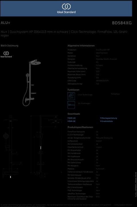 Image du produit Ideal Standard Système de douche Alu+ : Mitigeur de douche Ceraflow 2 étagères, douchette à main 2F, douche de
