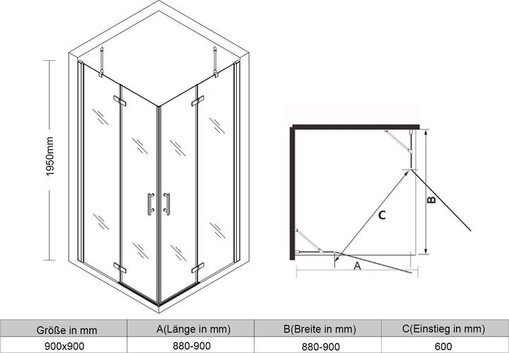 Immagine prodotto SONNI Cabina doccia ad angolo con porta a battente senza telaio 195cm 90x90cm (120 cm, 120 cm, 195 cm)