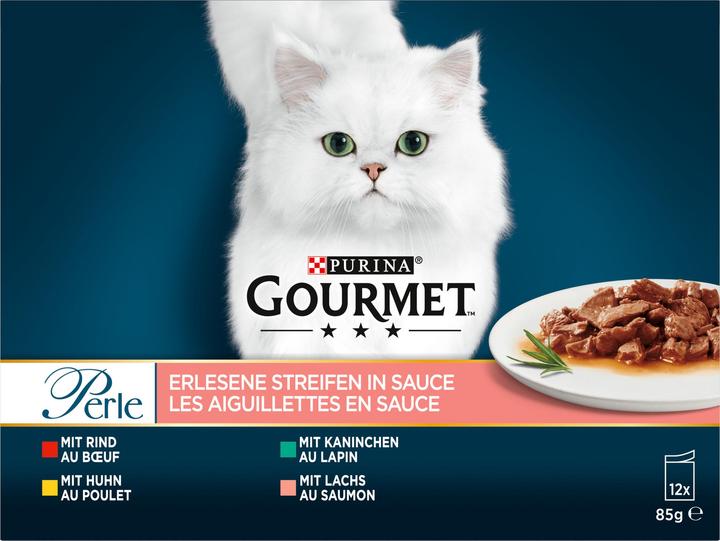 Image du produit Gourmet Bandes sélectionnées en sauce (boeuf, poulet, lapin & saumon) (Adulte, 12 pcs, 1135 g)