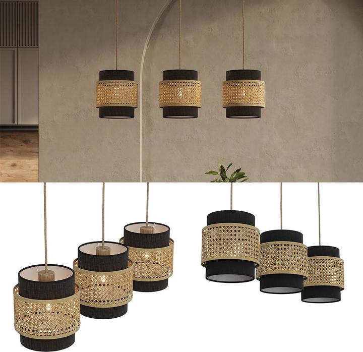 Image du produit Vicco Lampe suspendue 3 pièces Morten, Rotin/noir, 70 x 120 cm (E27)
