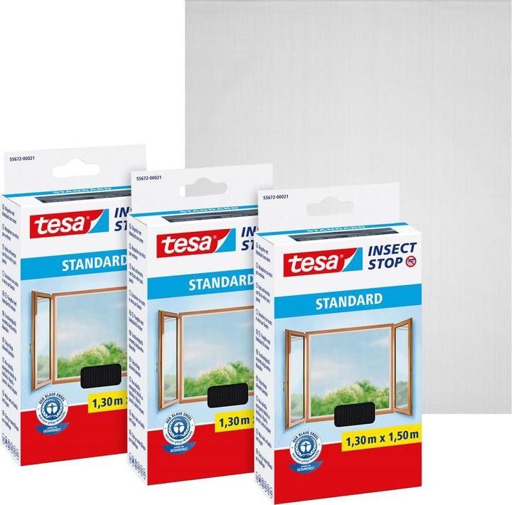 Produktbild tesa 3x Insektenschutz STANDARD für Fenster, mit Klettband, ohne Bohren (130 x 150 cm)