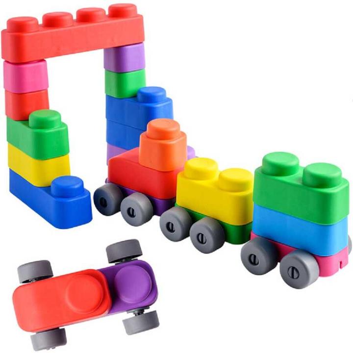 Image du produit Montessori Jouets, Jouets éducatifs, Blocs souples et roues - 15 blocs et 12 roues