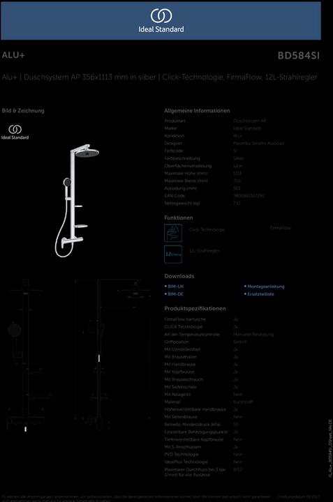 Image du produit Ideal Standard Système de douche Alu+ : Mitigeur de douche Ceraflow 2 étagères, douchette à main 2F, douche de
