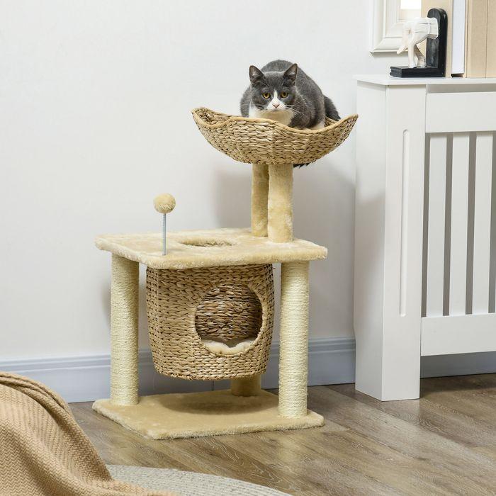 Produktbild Swisshandel24 Kratzbaum Klein, 74 cm mit Katzenhöhle, Spielball, mit Bett, bis 5kg, Beige (74 cm, Beige)