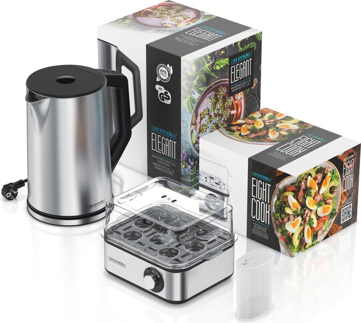 Produktbild Arendo Frühstücks Set, Edelstahl Wasserkocher 1,5l mit Temperatureinstellung & Eierkocher 1-8 Eier, Silber