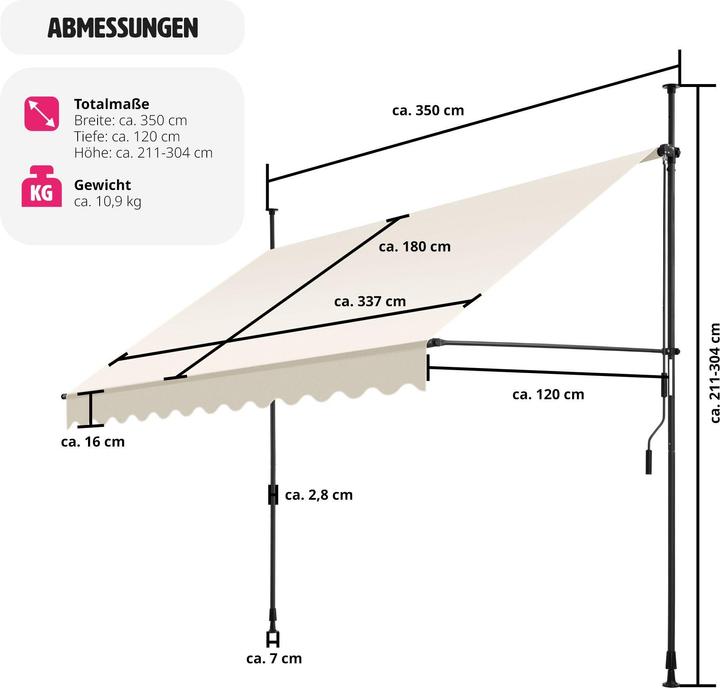 Produktbild tectake Klemmmarkise mit Handkurbel (3.50 m)