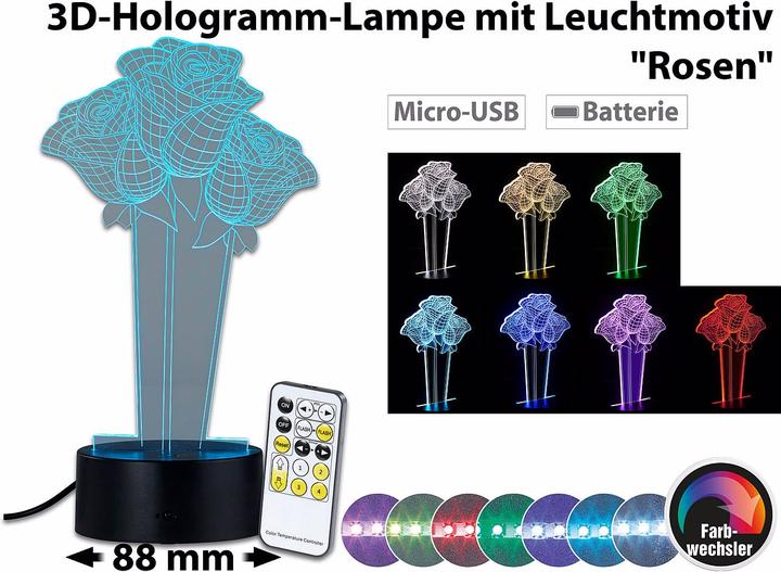 Produktbild Lunartec 3D-Hologramm-Lampe mit Leuchtmotiv Rosen
