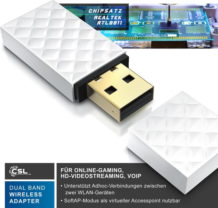 Produktbild CSL WLAN USB Adapter, WIFI Dual Band Stick Dongle 433 MBit/s, 2,4 GHz / 5 GHz, 802.11ac, WPS, Windows 11 (USB 2.0)
