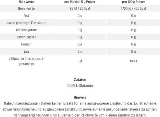 Valeurs nutritives et ingrédients ESN Ultrapure L-Glutamine (1 pièce(s), Poudre, 500 g)