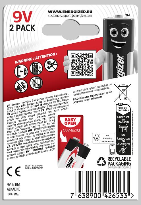 Produktbild Energizer Max (2 Stk., 9V Block, 625 mAh)